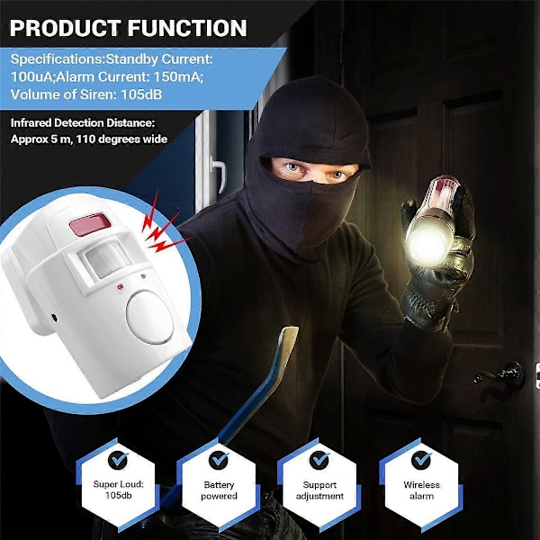 Infraröd Rörelsesensor Alarm - Inbrottslarm med 2 Fjärrkontroller, Lämplig för Hem/Garage/Butik