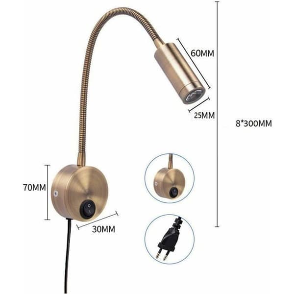 Læselampe, LED-læselampe til sengen med stik, 3W varm hvid læselampe med afbryder, Bronze