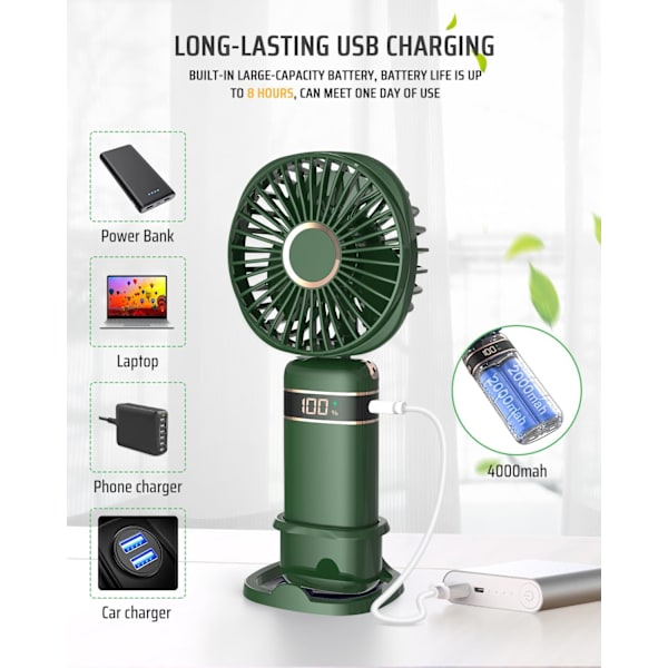 Mini Handhållen Fläkt, Portabel USB Handfläkt, Uppladdningsbara Fläktar 5 Hastigheter Hopfällbar Handfläkt med Bas Green