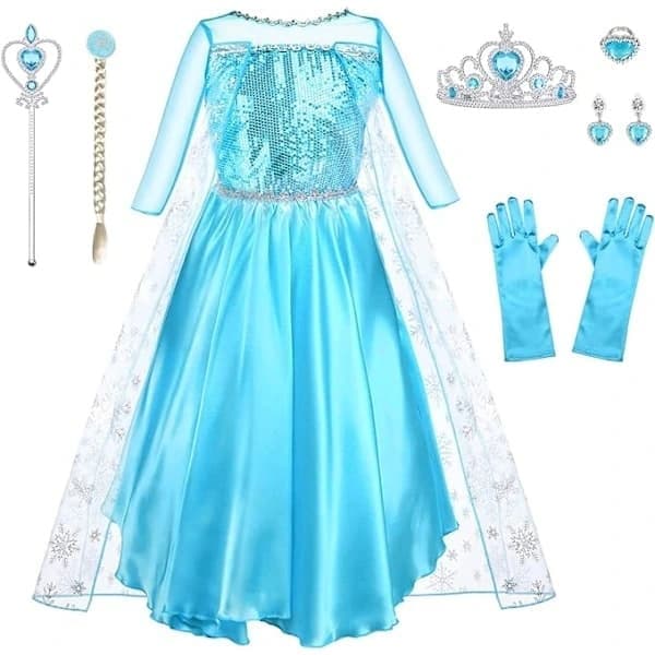 110 cm Kostume til piger, 9 dele, ELSA kjole til børn med krone, tiara, handsker og tryllestav til jul, karneval