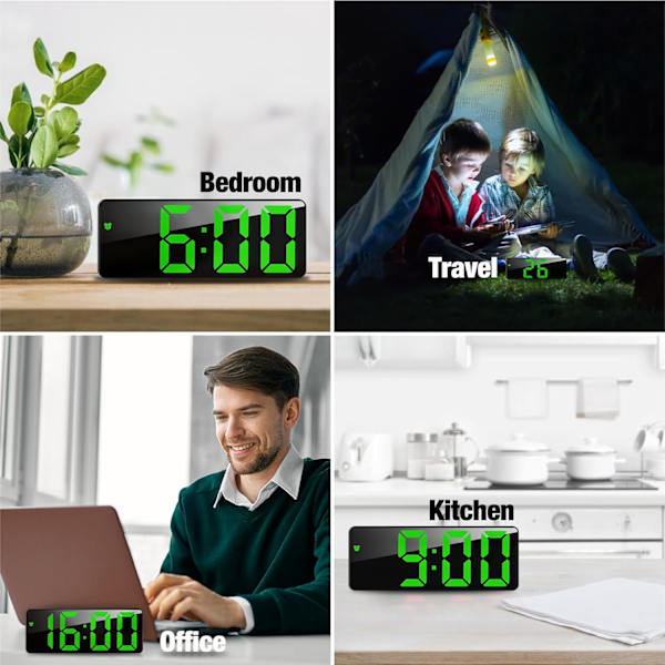 Digital väckarklocka batteridriven, LED-reseväckarklockor bredvid eldriven icke-tickande med snooze-temperatur