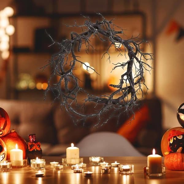 Halloween-krans, krans av døde greiner, vindusdekorasjon 43 cm, dekorativ svart greinkrans, dørkrans
