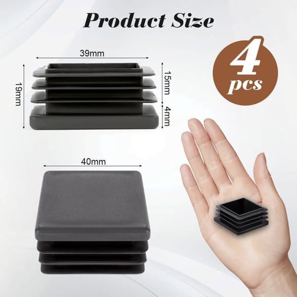 Firkantede propper 40x40mm - Pakke med 4 - Sort PE Plast - Gulv- og møbelbeskyttelse - Til stole