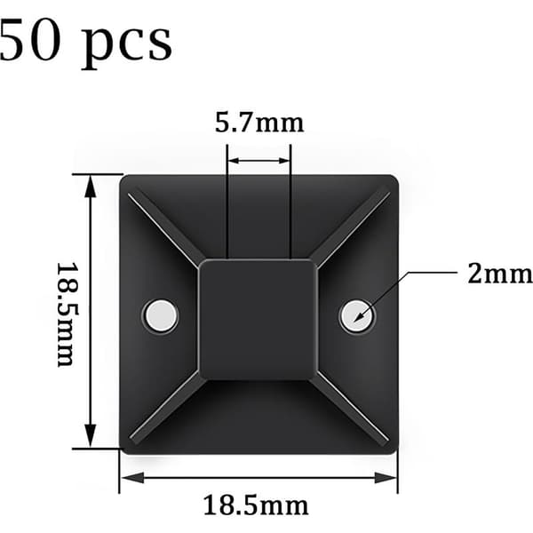 50-pak sorte selvklæbende kabelbindere, selvklæbende kabelklemmebaser (18,5 mm x 18,5 mm), kabelbinderbaser, plastikkabelklemmer