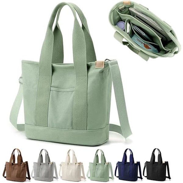 Multi-Pocket Tote Bag med dragkedja, Canvas Handgjord Handväska med fack, Multifunktion Satchels Bag för kvinnor Damer Univisity Skola Arbete Resor Green - Medium