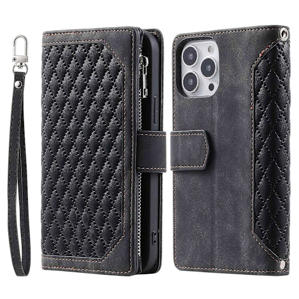 For iPhone 14 Pro 6.1 tommer Lommebok Deksel med Glidelås Tekstur PU Lær Flip Stativ Veske Black Style E iPhone 14 Pro