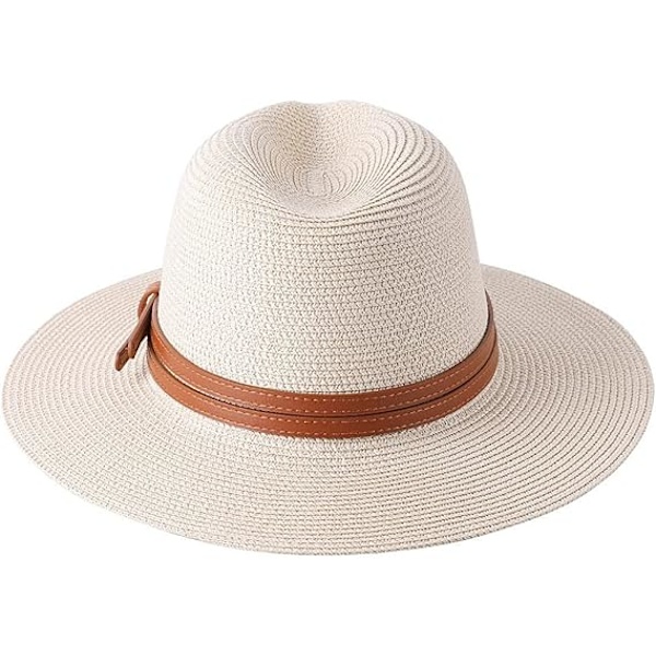 Ny Naturlig Panama Blød Formet Stråhat Sommer Dame/Herre Bredskyggede Strand Solhat UV Beskyttelse Fedora Hat Beige