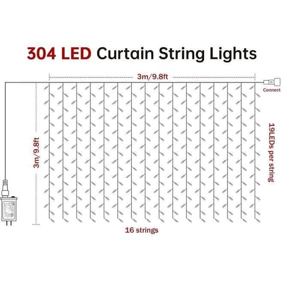 Gardinlyslenke, 304 LED, varmhvit, lyssterk, 3M*3M, 8 lysmoduser, IP44 vanntett, hjemmevindusdekorasjon til jul
