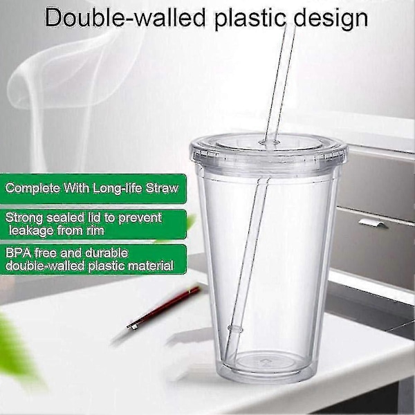 Dubbellagers plastmugg med lock och sugrör, isolerad kaffekopp, 500 ml, transparent