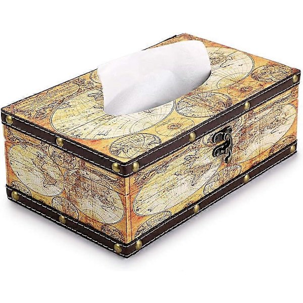 Retro Tissue Box Holder, Tissue Organizer Rektangulær Træ + PU Tissue Box Cover (Gult Kort)