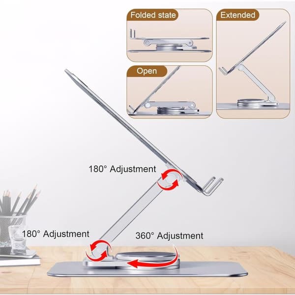 Justerbart surfplattestativ, 360° roterande hopfällbart aluminiummonitorstativ, kompatibelt med telefoner, surfplattor, Switchar, bärbara bildskärmar