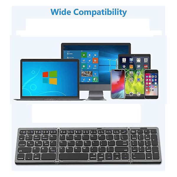 Foldbart, trådløst USB-genopladeligt tastatur til iOS, Android, Windows PC, bærbar computer, smartphone - Sort