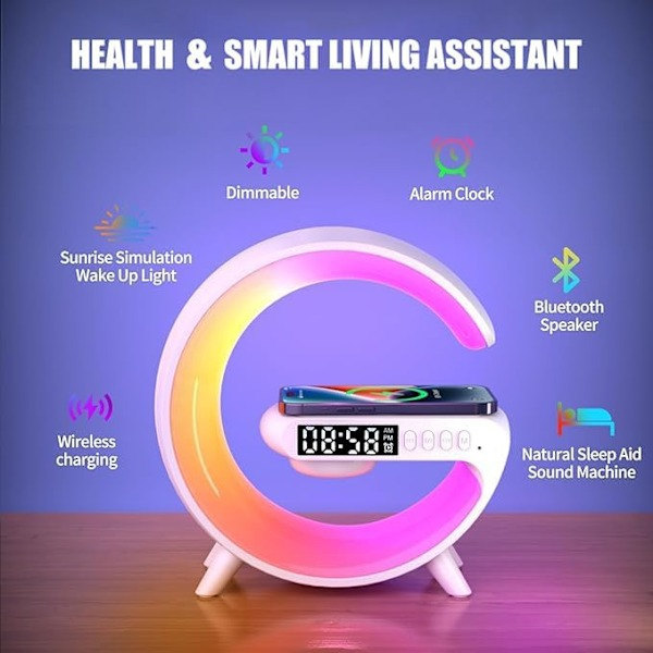 2024 Ny Multifunktionell Bluetooth-högtalare, Färgglad Atmosfärslampa, Trådlös Laddning och Väckarklocka, Sänglampa med Laddning Vit