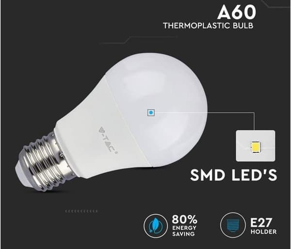 Pakke med 10 stk. E27 9W A60 LED-pærer - Varmt hvidt lys 4200K - 806 Lumen