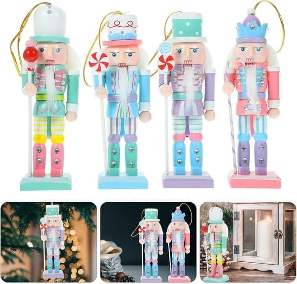 4 stk. Mini Julehængende Trænøddeknækkerpynt Julekongesoldatfigurer til Træpynt 12CM