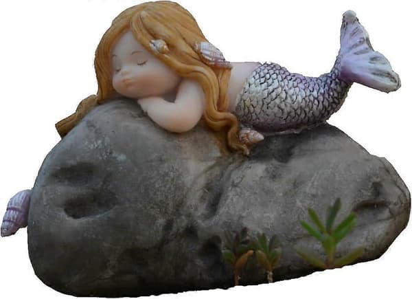 Miniatyr Trädgård Sjöjungfru Fe Statyer - Dröm Sjöjungfru Dreaming Mermaid on Rock