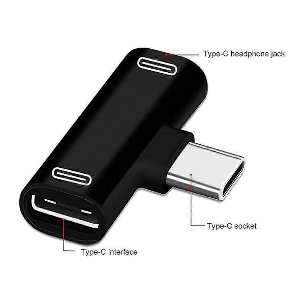 2-i-1 USB-C-delare Typ C hane till dubbla Typ C hona hörlurar laddare -Sy black