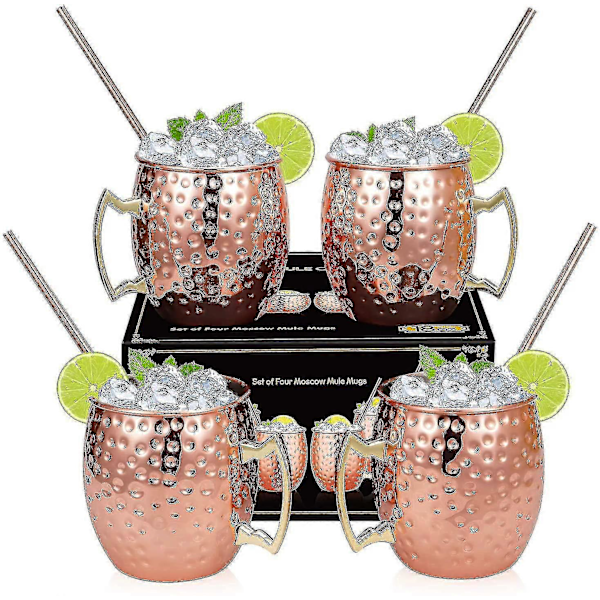 Rakskålar Muggar Moscow Mule Kopparmuggar - Set med 4-Handgjorda-Rena Solida Kopparmuggar 47 cl Presentförpackning