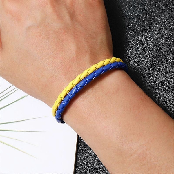 Blå gul patchwork ukrainsk flag farve armbånd simpelt flettet læderarmbånd, 2024 Ping