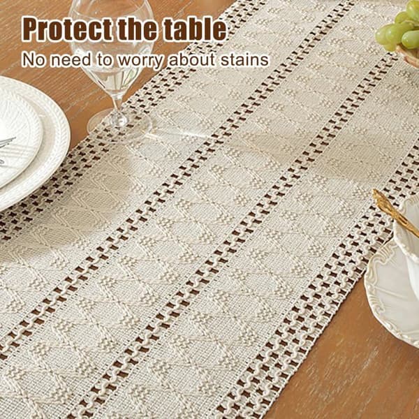 Beige bomulds makrame bordløber med kvaster - 1 stk, beige, 30×180cm - håndlavet boho bordløber, vaskbar - makrame