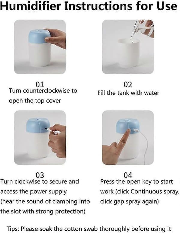 Mini luftfukter for hjemmekontor, lydløs selvlysende USB-luftfukter for soverom, egnet for kontorer, biler, hus Blue