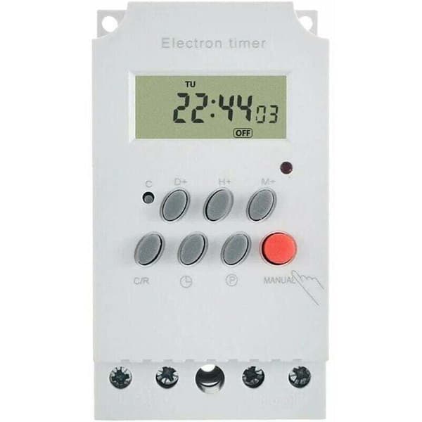 Programmerbar digital timer 220V AC, 25A med elektronisk styring på DIN-skinne og LCD-displayur, hvid.