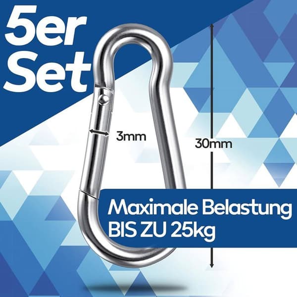 5 stk. karabinhage i rustfrit stål 3x30mm - 316 karabinhage i rustfrit stål til kraftig fastgørelse - Mous