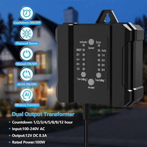 100W Ulkokäyttöön Tarkoitettu Pienjännitemuuntaja Ajastimella ja Valokennosensorilla, 120V AC - 12V DC Säänkestävä LED-maisemavalaistukseen