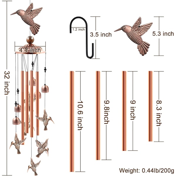 Kolibri vindspel utomhus, 4 aluminiumrör kolibri vindspel med S-krok, uteplats trädgårdsdekoration, inflyttningspresent