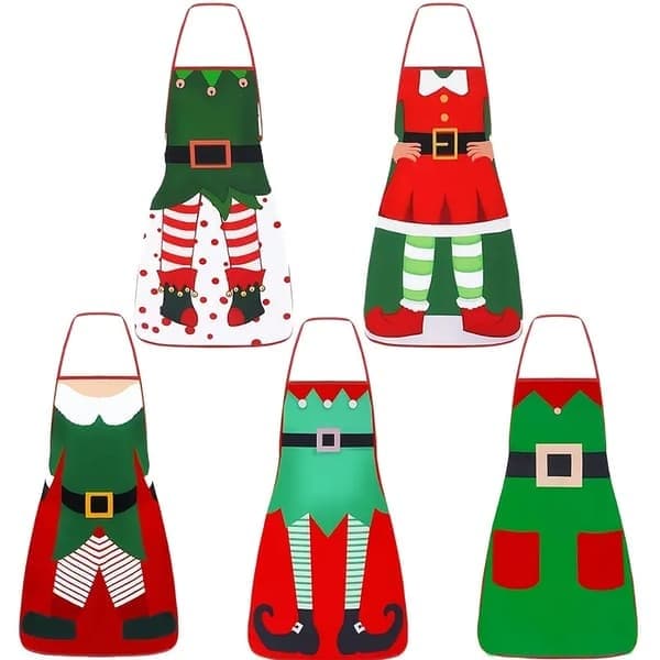 Set med 5 jul förkläden, dekorativa förkläden med jultomten klädd som en tomte