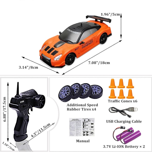 RC Driftbil, 15 km/t, ripebestandig, lett, oppladbar, lav friksjon, fjernstyrt bil Orange