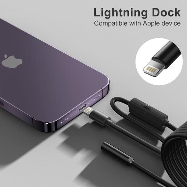 ILIHOME endoskopkamera för iPhone är utrustad med en 5,5 mm lins, en 2,5 meter styv kabel och en IP68 vattentäthetsklassning.
