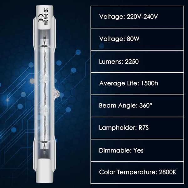 R7S 78mm 80W Halogenpære, Pakke med 6, Varm Hvid, Dæmpbar, Intens Belysning til Spotlights og Lamper