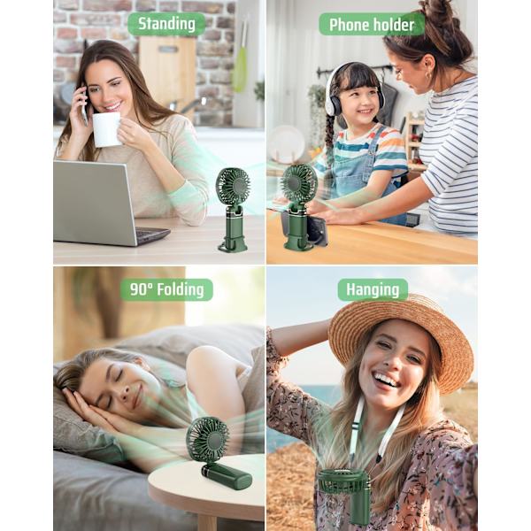 Mini Handhållen Fläkt, Portabel USB Handfläkt, Uppladdningsbara Fläktar 5 Hastigheter Hopfällbar Handfläkt med Bas Green