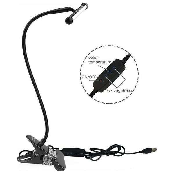 7W USB klemme-lampe kabel, barneskrivebordslampe, 3 farger og 10 lysstyrkenivåer