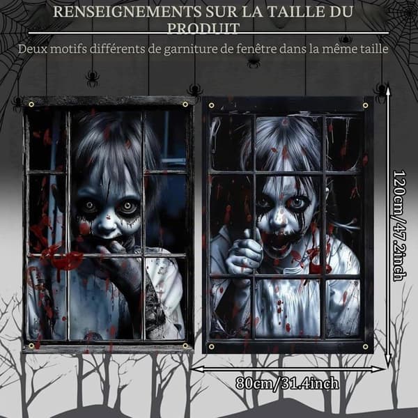 2 stk. skumle vindusbilder til Halloween - Skummelt forheng - 120 x 80 cm - Dekor - Til Halloween-fest