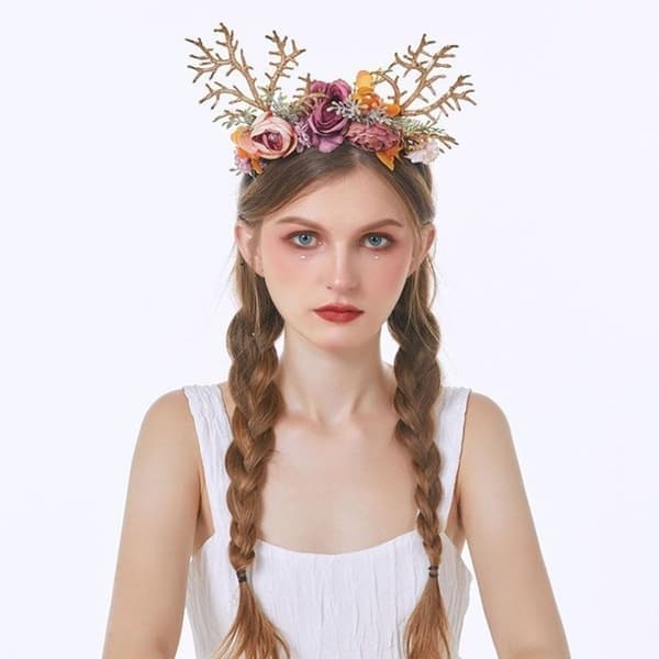 Amosfun Rensdyr Gevir Pandebånd med Blomster Julehår Tilbehør Elg Gevir