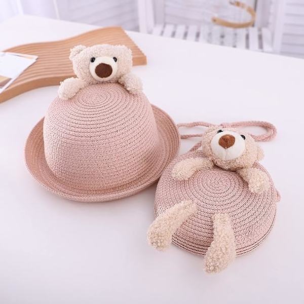 Aurinkohattu, käsinkudottu olkihattu käsilaukulla, aurinkohattu lomille, jossa on karhuhattu crossbody-laukku tytöille, beige