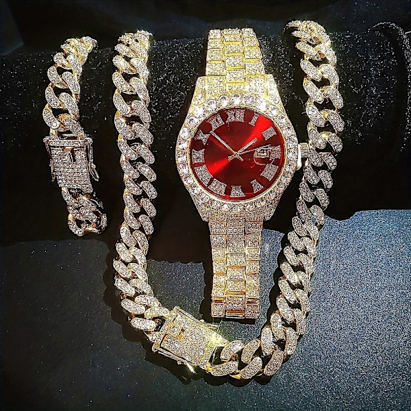 Trendikäs Hopea-Sininen Kellonsetti Lahjakotelossa Miesten Jäällä Koristeltu 12mm Kuubalainen Ketju Kaulakoru Ranneke Kellonsetti Hip Hop Ketju Jää Korut Miesten Korut Silver Red2
