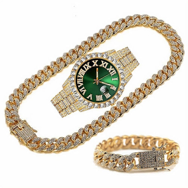 Mode Sølv Blå Ur Sæt Gaveæske Mænds Is Indlagt 12mm Kubansk Kæde Halsk Armbånd Ur Sæt Hip Hop Kæde Is Smykker Mænds Smykker Gold Green