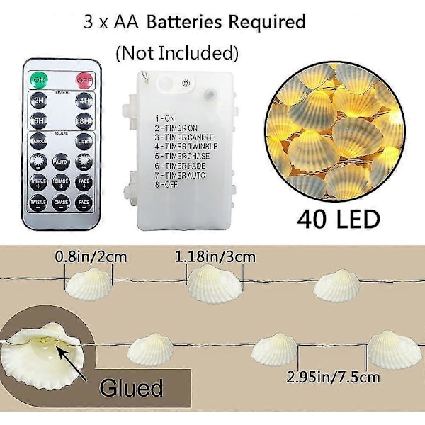Ocean Aito Merikotilo 0.8\"(k) 40 Led Valosarja 13.85ft Paristokäyttöinen Vedenpitävä Lämmin Valkoinen Ajastimella Ja Kaukosäätimellä Ranta-aiheiseen Sisustukseen B