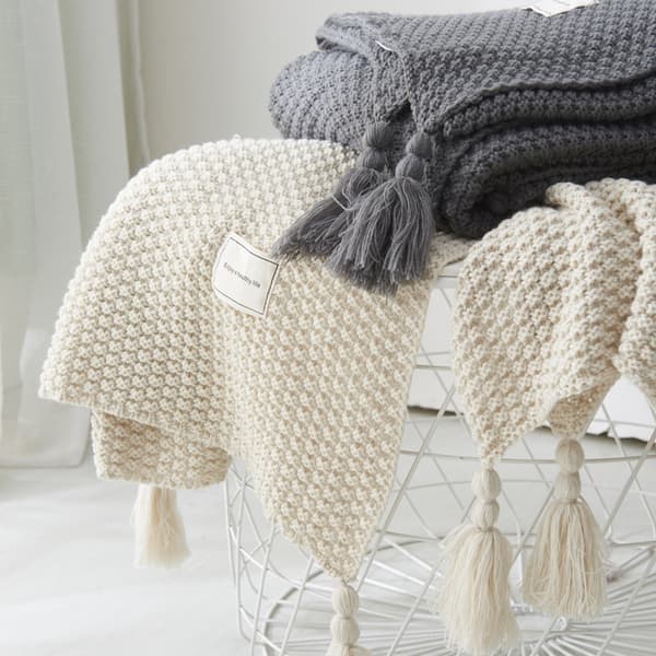 Garn Tæppe Plaid Beige Grå Kaffe Plaid til Vinter Varm Jul Seng Sofa Strikket Tæppe manta sofa dekorativ Beige 110x150cm