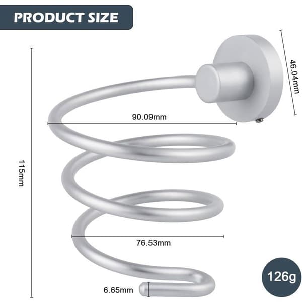 Vægmonteret hårtørrerholder - 1 stk. - Aluminium - Spiralform - Til badeværelse og køkken - Sølv