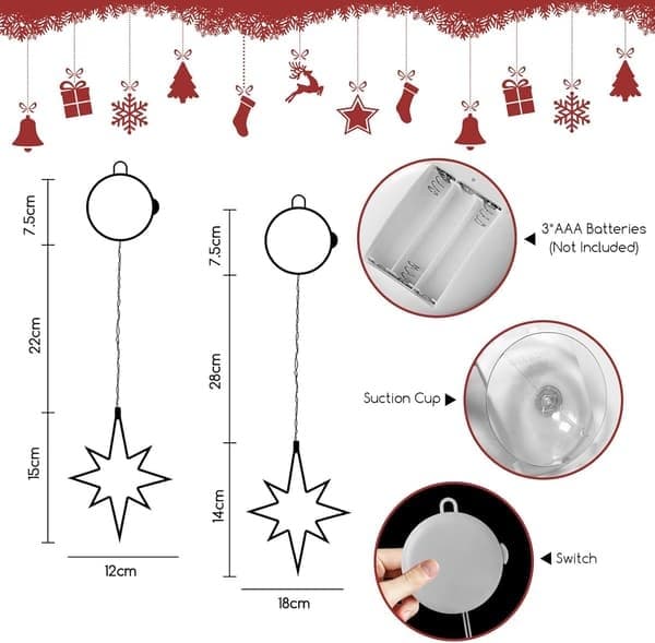 2 stk LED julevinduslys, blinkende julegardinlys med timer, hengende lys (varmt lys, nordstjerner) [Energiklasse A]