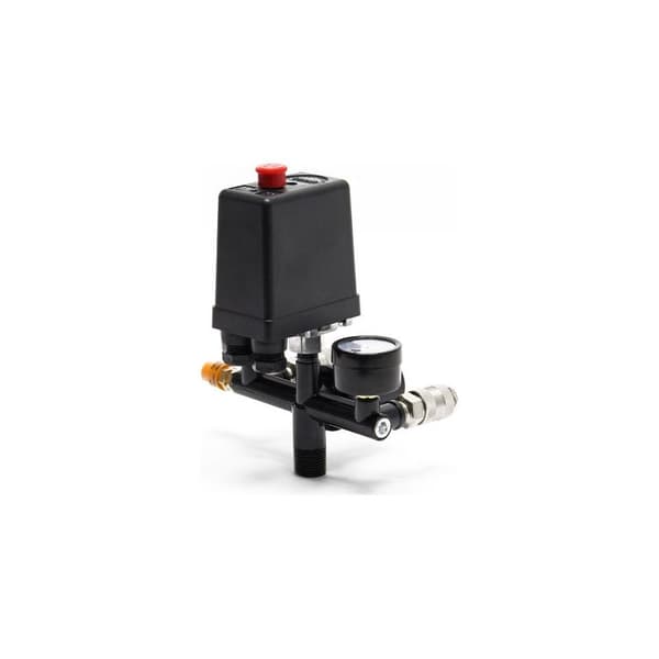 Trykkregulator 165 x 130 x 200 mm med trykkbryter for kompressor med 2 displayer, 2 koblinger og sikkerhetsventil, trykkreduserer