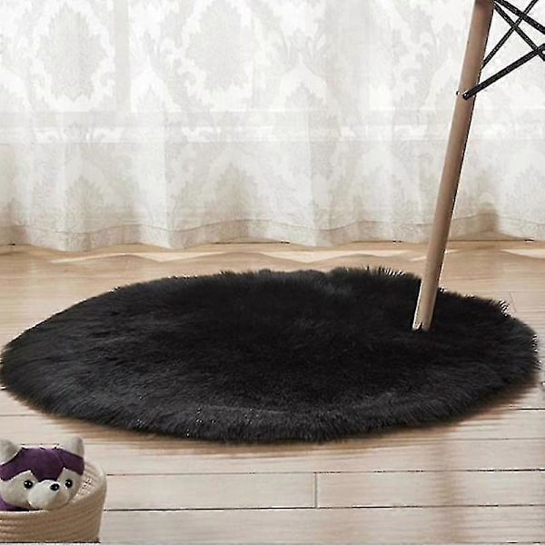 Rund, lodden teppe til stue, soverom, gulv, myk matte Black 50cm