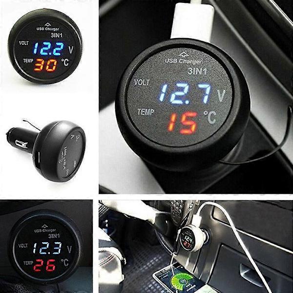 Bil Digital Voltmeter Termometer USB Lader Bil Sigarettenner Uttak Digital Voltmeter Termometer 3 I 1 Måler