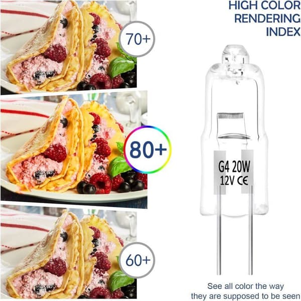 G4 Halogenpærer - Varmhvit 12V 20W - Halogenstiftpære - Dimmbar, lavspent - Gjennomsiktig kapsel, 10 stk