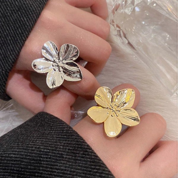 Blomst Åben Ring Justerbar Poleret Metal Ensfarvet Glat Overdreven Stil Petal Dame Galla Silver