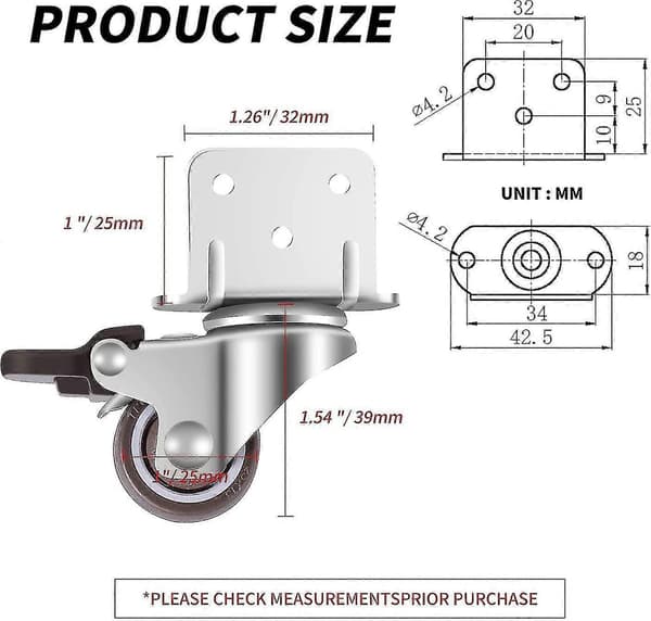 4-pack Svängbara Hjul, Möbelhjul, Hjul med Broms, L-monteringsplatta 25mm(c-g-3)